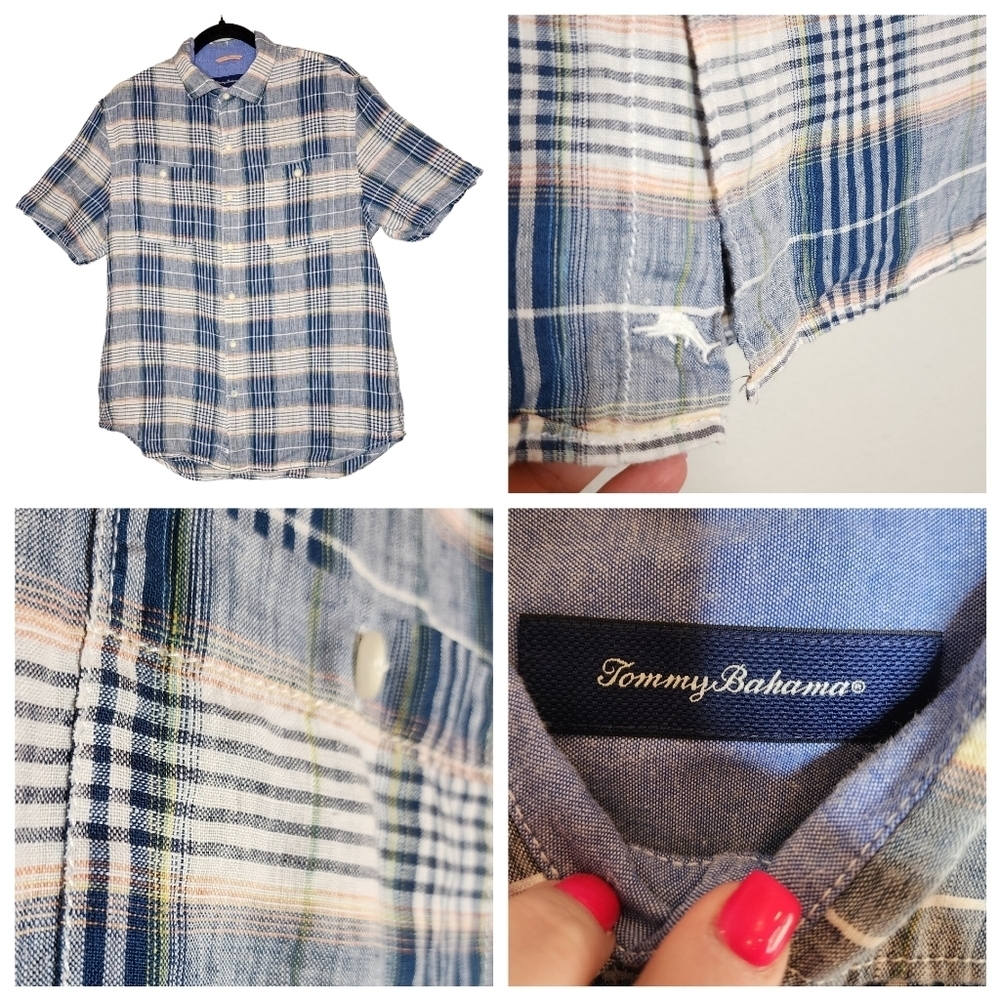 Tommy Bahama 100% linen plaid short sleeve button down‎ shirt